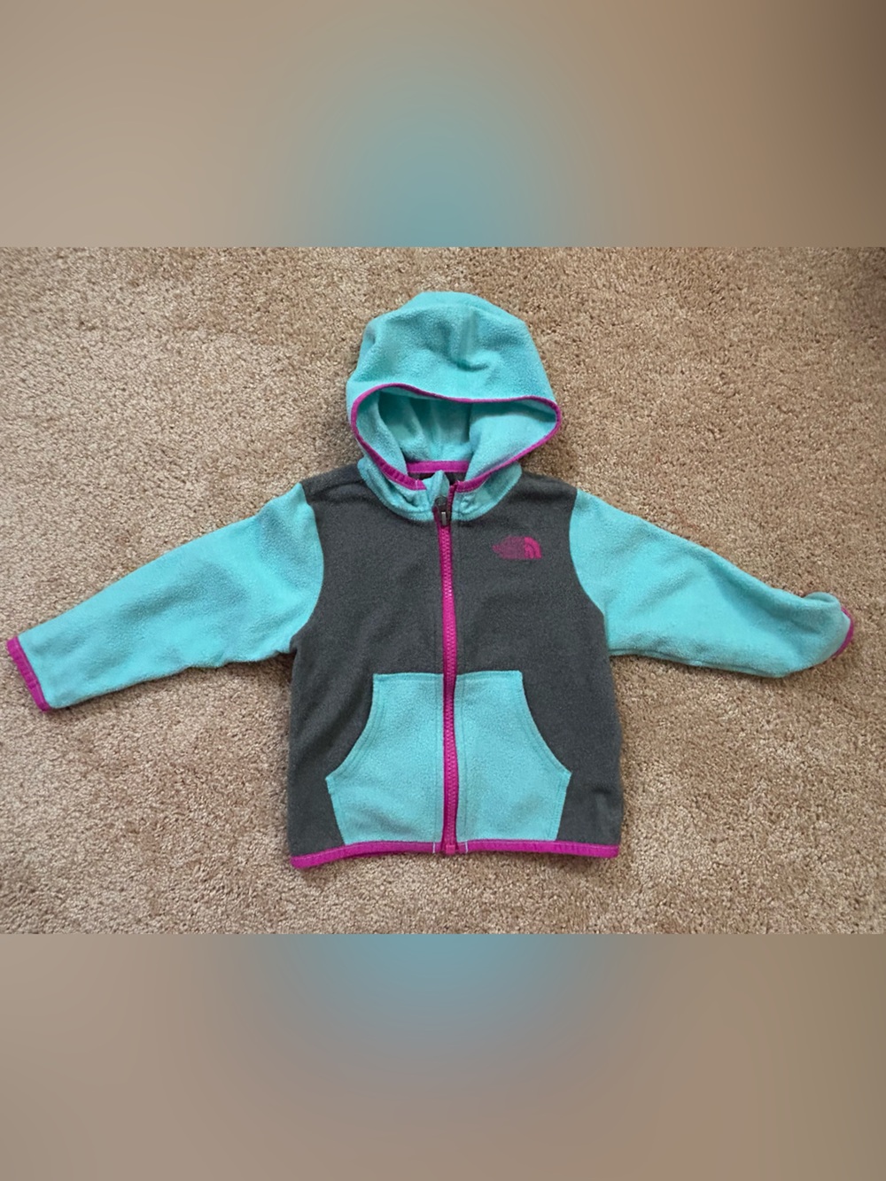 The North Face Kids Teal & Gray Fleece Hoodie with Pink Trim